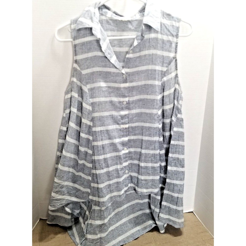 En Creme Womens Hi Lo Tunic Top Blue White Size Med Button Up Blouse Stripes